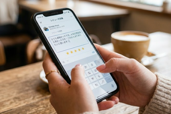スマホで口コミを投稿する女性