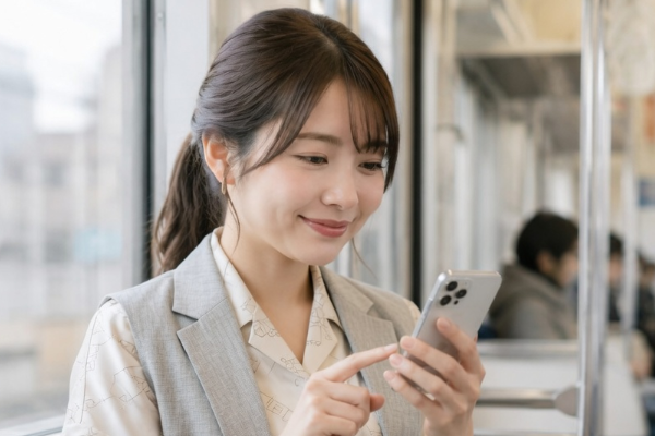 スマホでスマートホームを操作するOL